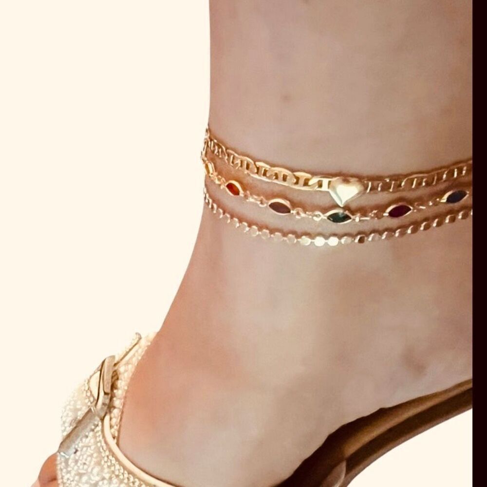 18 K Brazilian gold overlay anklet round disc glimmering 9 in and 2 inch extende